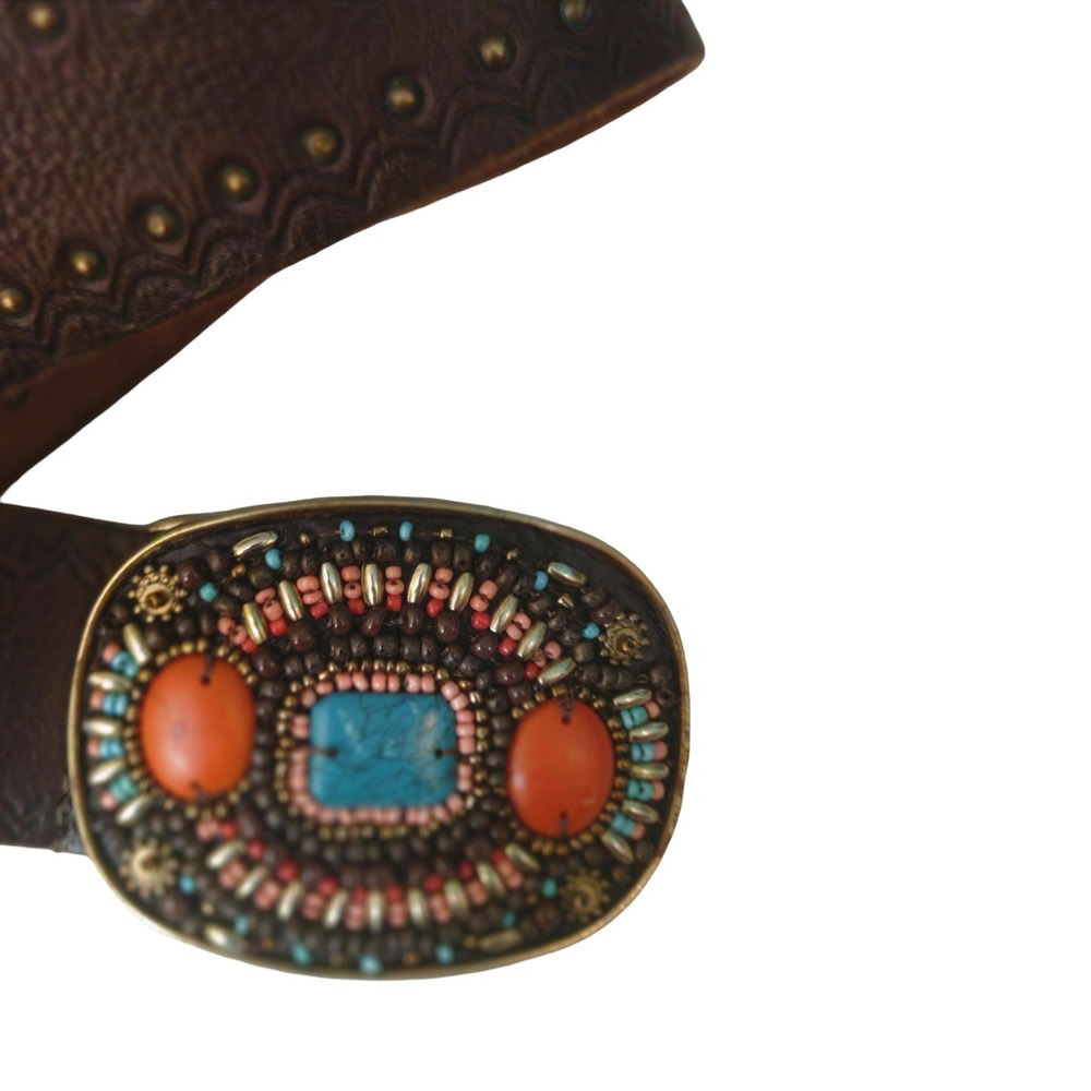 Lucky Brand Brown Leather Studded Boho Belt with Beaded Turquoise Buckle BUW0446